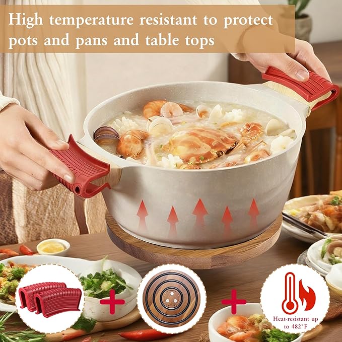 2 PCS Magnetic Wooden Trivets for Hot Pots and Pans with 4 Silicone Pot Handle Covers, Heat Resistant Acacia Wood Trivet for Dutch Ovens Hot Pots&Pans Cast Iron Skillet, for Mom Grandma