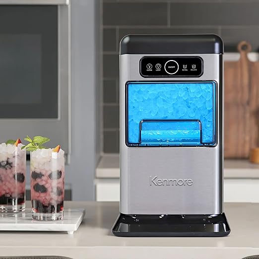 Kenmore Countertop Ice Maker Nugget Machine – Portable Self-Cleaning Máquina de Hacer Hielo para Casa, Crunchy Chewable Pebble Ice, 40lb/24hr Capacity, Stainless Steel