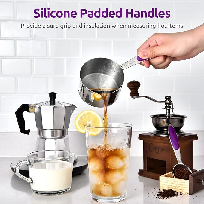 Measuring Cups and Spoons Set: U-Taste 18/8 Stainless Steel 10 Pieces Metal Stacking Kitchen Baking Cooking Food Measure Set 5 Cups 5 Spoons with Strengthened Weld Joints (Purple, Upgraded Version)