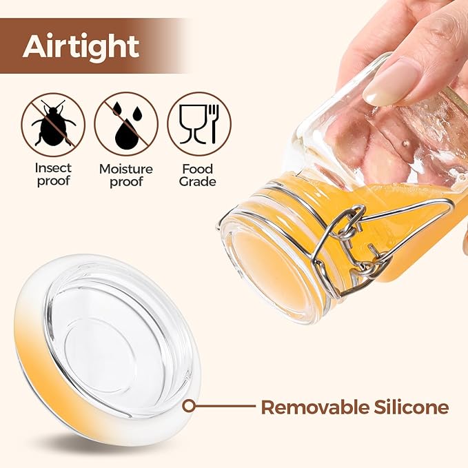 ComSaf Set of 6 Square Glass Spice Jars with Airtight Lids (4 Oz), Mini Favor Jars with Wire Clamp for Honey, Herbs & Farmhouse Kitchen Pantry Organization, with Funnel & Labels