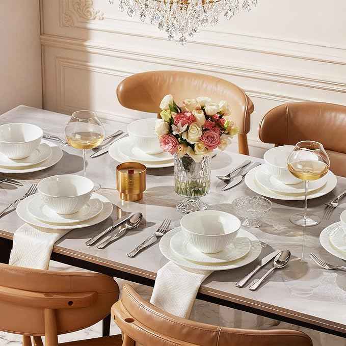 KINGSTONE Bone China Dinnerware Set, 18-Piece White Lightweight Porcelain with Textured Design Service for 6, Plates, Bowls, for Family Dining, Restaurants, Gifting，Microwave and Dishwasher Safe