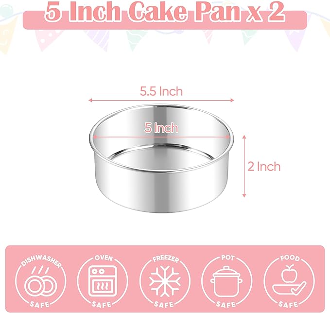 E-far Small Cake Pans Set of 2, 5 Inch Stainless Steel Mini Round Baking Pan Tins - Non-Toxic & Leak-Proof Cake Mold for Smash Birthday Layer Tiered Cheesecake, Easy Clean & Dishwasher Safe