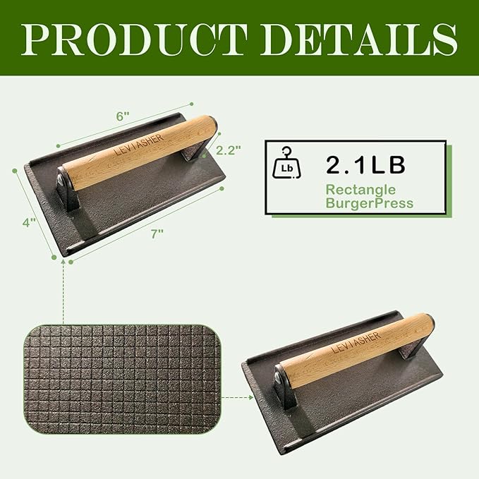 2.2 lb Heavy Duty Cast Iron Grill Press, 7.8X3.9 inch Rectangle Bottom Granular Burger Press with Wood Handle for Blackstone, Chef, Camp, Panini, Vegetable, Bacon, Sandwich, BBQ