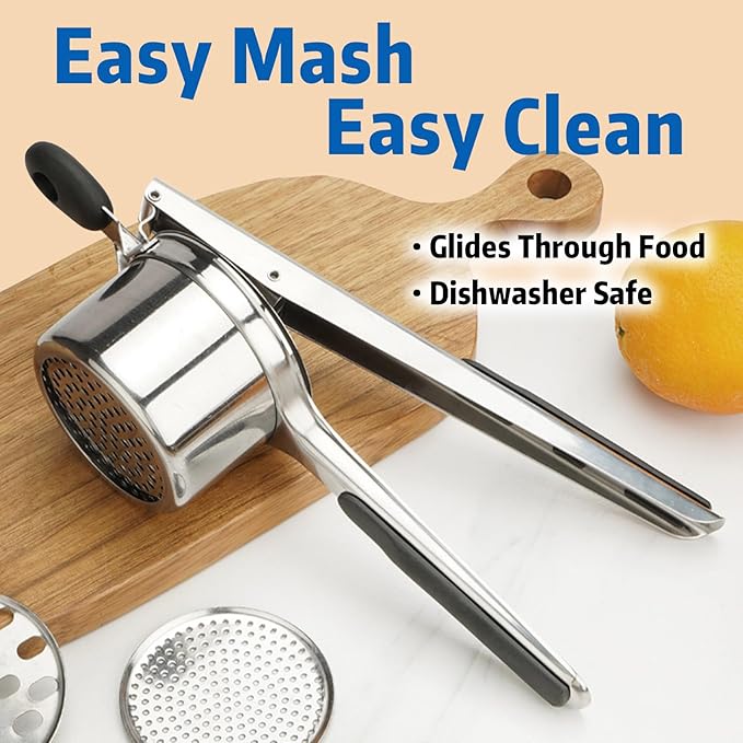 15 oz Stainless Steel Potato Ricer with 3 Interchangeable Plates, Large Capacity, Dishwasher Safe, Silicone Handles, Perfect for Mashed Potatoes, Baby Food, Vegetables & More