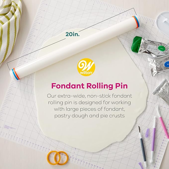 Wilton Large Fondant Rolling Pin with Guide Rings - Fondant Roller Ideal for Rolling Large Amounts of Fondant on Tiered Cakes, 20-Inch