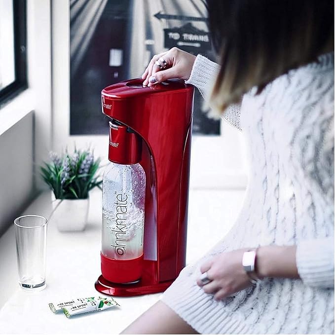 DrinkMate OmniFizz Sparkling Water and Soda Maker, Carbonates Any Drink, with 3 oz CO2 Test Cylinder (Royal Red)