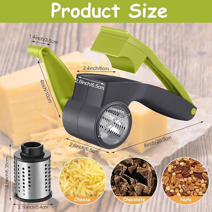 Boao Rotary Cheese Grater Manual Handheld Cheese Grater with Stainless Steel Drum for Grating Hard Chocolate Nuts Kitchen Tool(Gray Green)