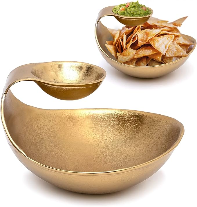 Brass Chip and Dip Serving Bowl Gold Brass Tiered Snack, Candy & Salad Bowl Decorative Centerpiece Serving Platter Nuts, Chip & Dip, Salsas, Tray, Serveware Home Decor Gift Entertaining Centerpiece