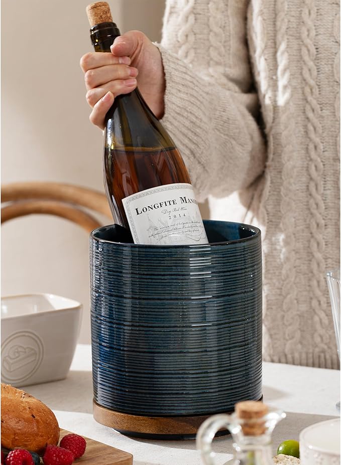 Utensil Holder, 360° Rotating Extra Large Ceramic Kitchen Utensil Holder for Countertop, 7.3“ Cooking Utensil Crocks for Kitchen Counter with Rotatable Wooden Base, Farmhouse Decor, Dusty Blue