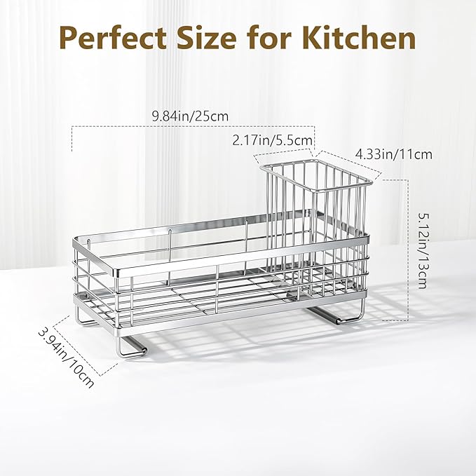 Shinowa Kitchen Dish Soap Dispenser Set, 14OZ Glass Bottle with Rustproof 304 Stainless Steel Sponge Holder and Instant Dry Tray, Hand and Dish Soap Dispenser Set for Kitchen Sink Organizer, Silver