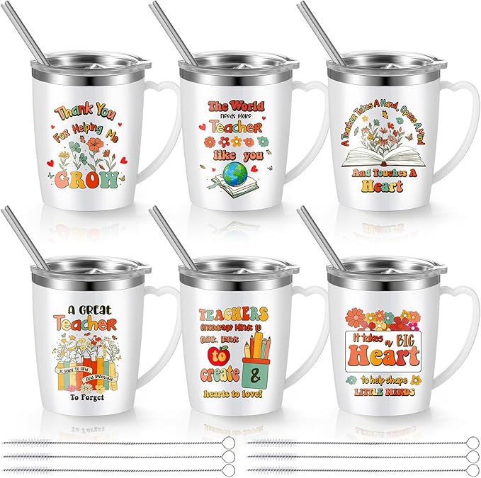 Maxcheck 6 Pcs Christmas Teacher Appreciation Gifts Mugs Bulk 16oz Thank You Teacher Stainless Steel Tumblers Inspirational Insulated Coffee Cups with Handle Lids Straw for Women Birthday Gifts