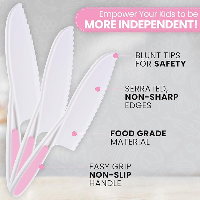 Zulay 3-Piece Kids Knife Set for Real Cooking & Baking - Toddler Knives for Cutting Fruits, Veggies, & Cake - Children’s Montessori Knife with Serrated Edges - Safe & Fun Lettuce Knife (Pink)