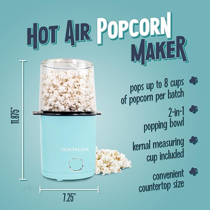 Nostalgia 8-Cup Hot Air Popcorn Maker & Bowl - 2-In-1 Bowl & Lid, 2 oz Measuring Cup - Oil-Free Pop Corn for Movie Night, Snacks, Birthday Parties, and More - Aqua