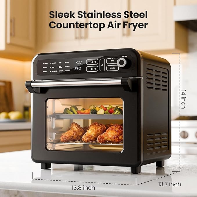 Kismile 18QT Air Fryer Toaster Oven Combo, 12-in-1 Countertop Convection Airfryer Oven, 70–450℉, Bake, Roast, Reheat & Broil, Fits 8–10″ Pizza, Includes Full Accessories, Stainless Steel (Black)