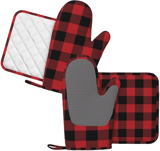 Red Black Buffalo Plaid Checker Oven Mitts and Pot Holders Set Silicone Heat Resistant Red Black Checker Kitchen Gloves Set Plaid Kitchen Mittens Pot Holders for BBQ Cooking