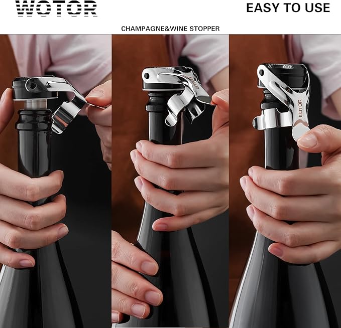 WOTOR Champagne&Wine Bottle Stoppers Stainless Steel with Food Grade Silicone, Leak Proof Keep Fresh Reusable Saver, Cork Suitable for Wine, Champagne, Cava, Prosecco and Sparkling (2 Pack Silver）