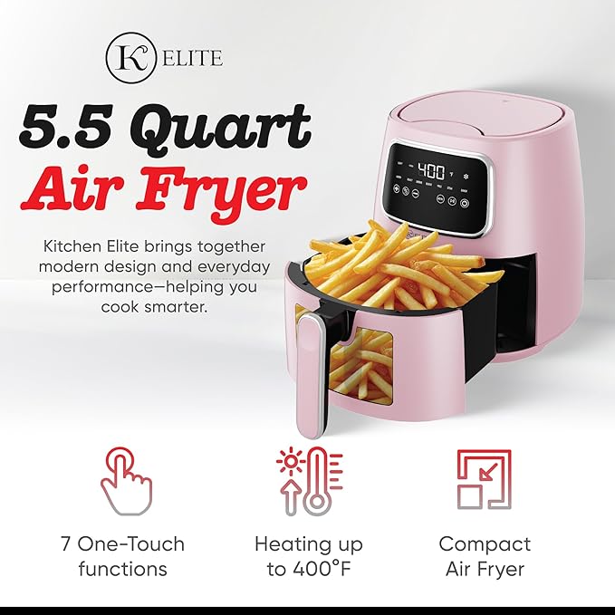 Kitchen Elite 5.5 Qt. Digital Air Fryer, Countertop Cooker with LED Screen, Presets for Air Fry, Roast, Dehydrate, Defrost and Reheat, Pink