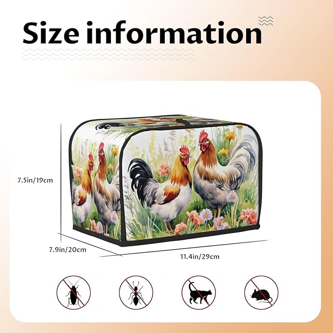 Watercolor Chicken Rooster Floral Toaster Cover 2 Slice Long Slot, Bread Maker Cover Washable Dust Protection Kitchen Small Appliance Toaster Oven Cover for 2 Slice