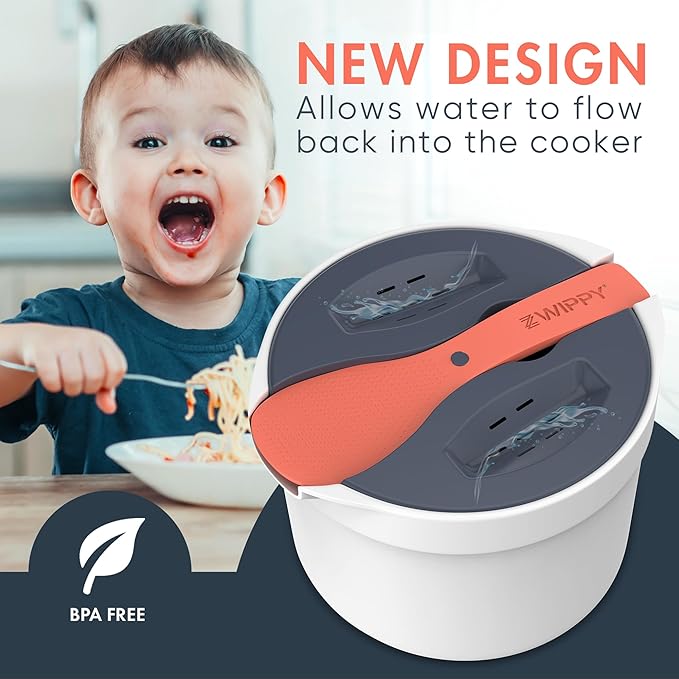 Microwave Rice Cooker Steamer and Pasta Cooker with Strainer - Mess-Free Design, Dishwasher Safe, Cooks Up to 8 Cups