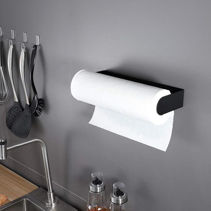 ZUNTO Black Paper Towel Holder Under Cabinet, Stainless Steel Kitchen Towel Holder Stick on Wall Vertical or Horizontal, Frees up Counter Space