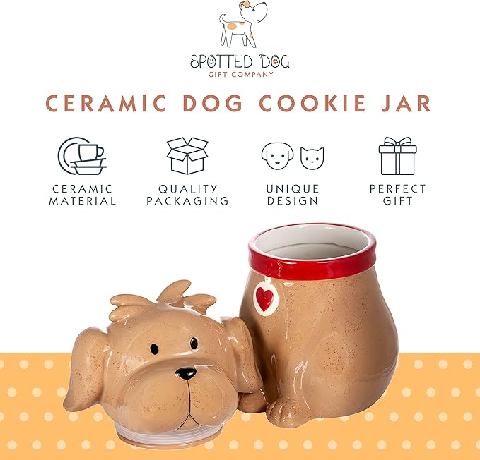SPOTTED DOG GIFT COMPANY Ceramic Cookie Jar with Lid, Large Dog Treat Jar for Cookies & Biscuits, Cute Novelty Storage Container for Kitchen Counter, Gifts for Dog Lovers - 49oz Brown