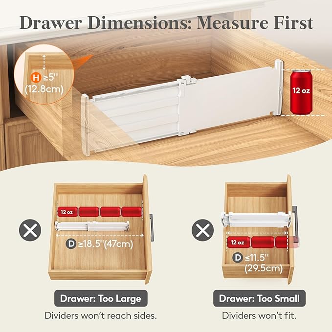 Lifewit 5" Tall 12 Pack Drawer Dividers, 30-47cm/11.5-18.5" Expandable Drawer Divider for Clothes, Adjustable Dresser Drawer Organizers, Drawers Separators for Dresser/Bathroom/Closet/Kitchen White