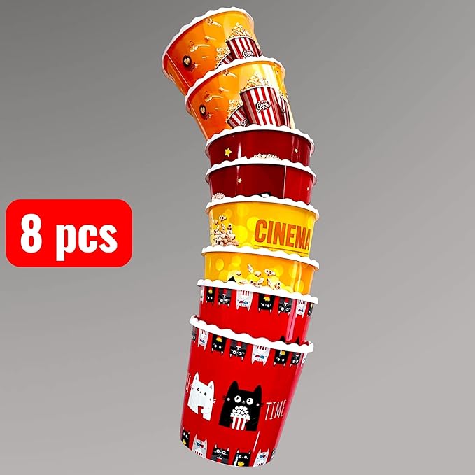 Modern Style Reusable Plastic Popcorn Box/Popcorn Containers/Popcorn Bowls Set for Movie Theater Night - (BPA Free - 8 Pack - 75 oz) (Popcorn Mix Z)