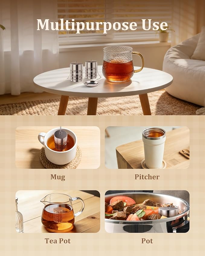 House Again 2 Pack Large Tea Infusers, Extra Fine Mesh Tea Strainers for Loose Tea, Slim Lid & 304 Stainless Steel, Filter Bags Diffusers, Loose Leaf Tea Steeper for Brew Tea Spices & Seasonings