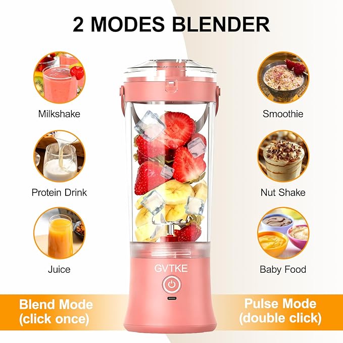 Portable Blender Dual Mode 18000RPM 20Oz Blending Cup Ice Crushing Smoothie Frozen Fruit Mini Home Gym Travel(Pink)