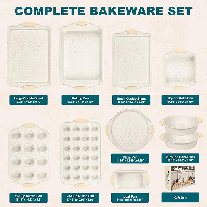 10-Piece Nonstick Baking Pans Set, Stackable Non-Toxic Bakeware Sets with Silicone Handle, Oven Pan Set for Cooking, Includes Easy Release Cookie Sheet, Roasting Pan, Muffin Tin (Cream)