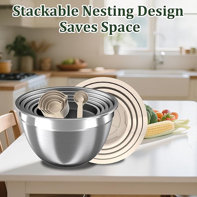 Mixing Bowls with Lids Set, 16PCS Stainless Steel Mixing Bowls,Nesting Storage Bowls for Kitchen with Mixing Bowls Set, Colander, Strainer & Grater , Metal Salad Bowl for Kitchen Gadgets , Cream