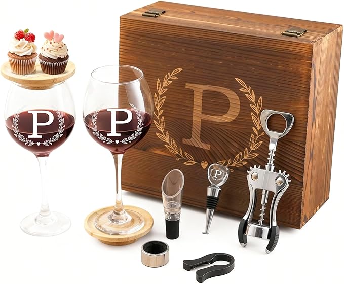 GZLDGIFTS Personalized Initial Wine Glasses Box Gift Set for Women Mom Engraved Birthday Monogrammed Wooden Wedding Anniversary Wine Couples Stopper Opener Initial Letterr (P Set)
