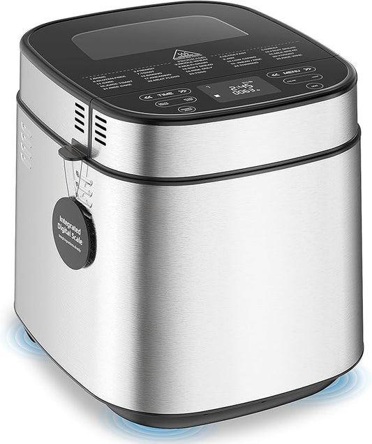 2.5LB Bread Maker with Built-in Electronic Scale, 25-in-1 Bread Machine, Beginner-Friendly with Adjustable Baking & Fermentation, Non-Stick Easy-Clean Pan, Quiet, 15H Delay, Recipes, White