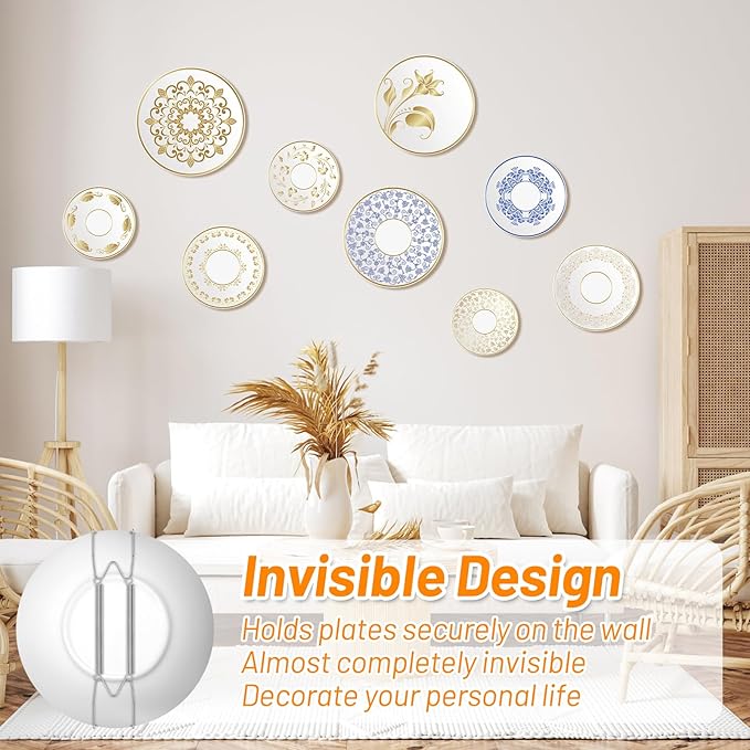 14 Pcs Silver Invisible Plate Hangers for The Wall - 4/6/8/10 Inch Stainless Steel Decorative Plate Holers for Display, Artwork & Home Decor (with 14 Wall Hooks & 56 Tip Protectors & Guide)