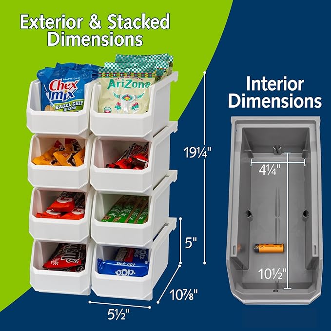 Plastic Containers for Organizing and Storage Bins for Closet, Kitchen, Office, Garage or Pantry Organization, Stackable Bins, Medium (11" x 5" x 5.5"), 8-Pack, White