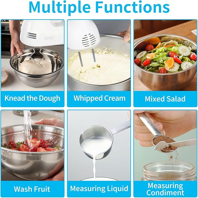 WEPSEN Hand Mixer Electric Mixing Bowls Set, 5 Speeds Handheld Mixer with 4 Nesting Stainless Steel Mixing Bowl, Measuring Cups Spoons 200W Kitchen Blender Whisk Beater Baking Supplies For Beginner