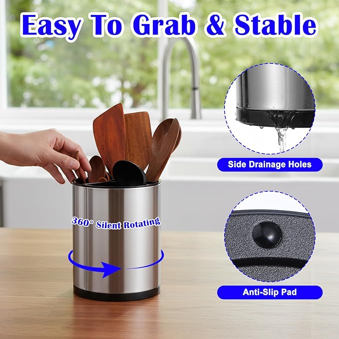 2 Pcs Kitchen Utensil Holder Set, 360° Rotating Stainless Steel Large Cooking Utensil Holder for Kitchen Counter with Removable Base, 3 Compartment Flatware Caddy for Knife Spoon Fork Spatula Tools