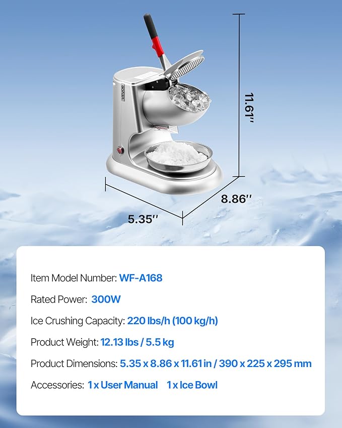 VEVOR Ice Crusher Machine, 220lbs Per Hour Electric 4 Blades Snow Cone Maker, Stainless Steel Shaved Ice Machine with Bowl and Cover, 300W 2000RPM Ice-Shaver for Home and Commercial Use, Silver