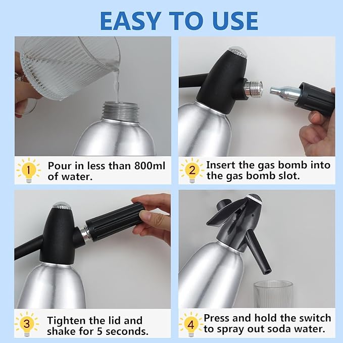 Soda Siphon,1L Soda Maker Sparkling Water Maker, Portable Soda Maker for Home & Outdoor,Aluminium Carbonated Water Machine for Cocktails DIY Sparkling Drinks,Use 8 gram CO2 Cartridges (Not Included)