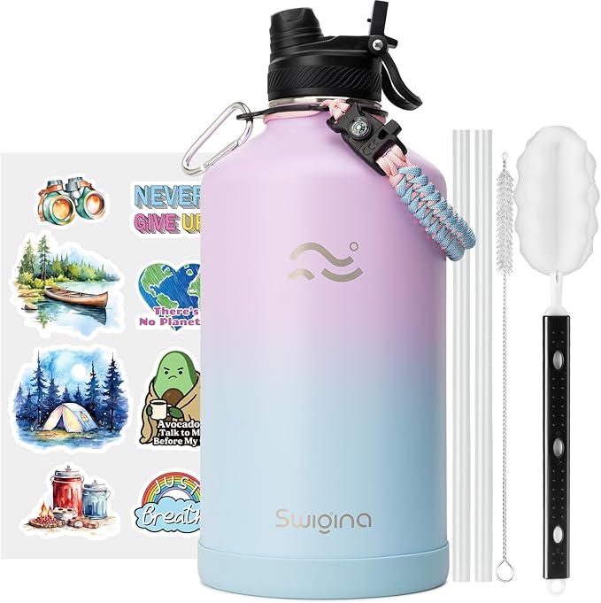 Swigina [2-IN-1 LID] Gallon Insulated Water Bottle with Silicone Boot (48hrs Cold/24hrs Hot) - DIY Stickers, Leakproof, BPA Free, 128 oz