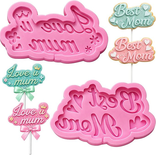 2Pcs Mothers Day Fondant Mold,Pink Love Mom Silicone Resin Mole Best Mom Chocolate Mold Silicone Molds Baking Tool for Candy Cake Polymer Clay Making,Mothers Day Birthday Gift Making Party Supplies