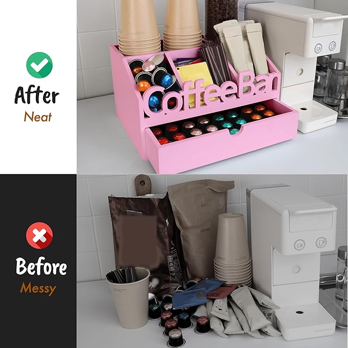 Coffee Bar Organizer for Countertop – Wooden Coffee Station, Tea and K Cup, Condiment Storage Rack, Coffee Pod Holder for Home and Office Counter Organization (Drawer - Pink)
