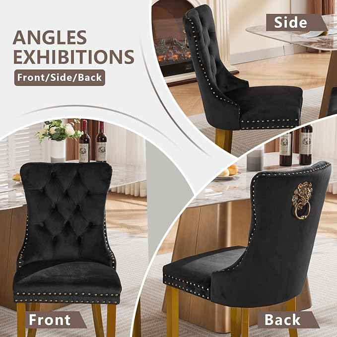 Velvet Dining Chairs Set of 6, Modern Tufted Dining Room Chair, Upholstered Dining Chairs with Lion Head Pulls Ring and Golden Solid Wood Legs, Luxury Kitchen Chairs for Dining Room, Black