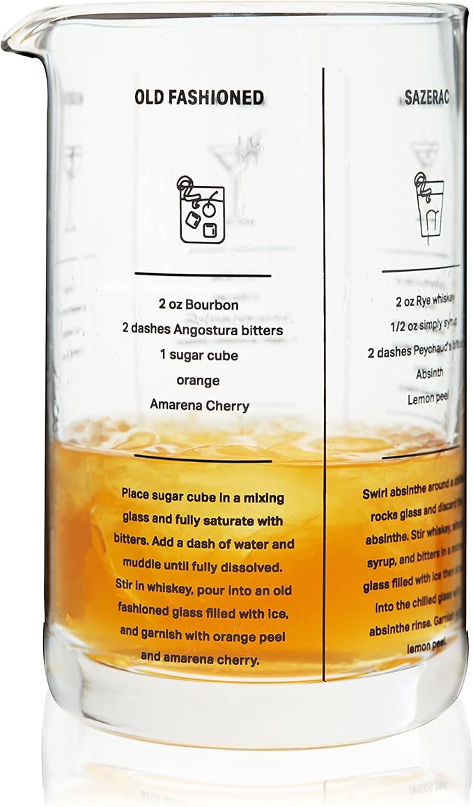 True Recipe Mixing Glass, Cocktail and Bar Tools with Thick Base, Pour Spout, and 5 Printed Recipes, 17 Oz