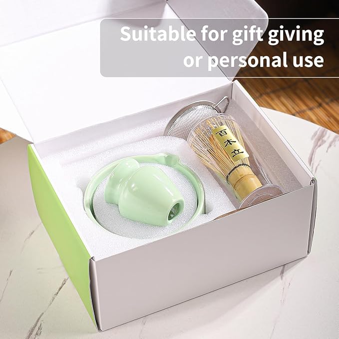 Matcha Tea Set, 5-Piece Ceramic Matcha Bowl & Whisk Kit with Cute Cat Pattern, Traditional Japanese Chawan, Scoop & Sifter, Perfect for Tea Ceremony, Gift for & Tea Lovers (green)