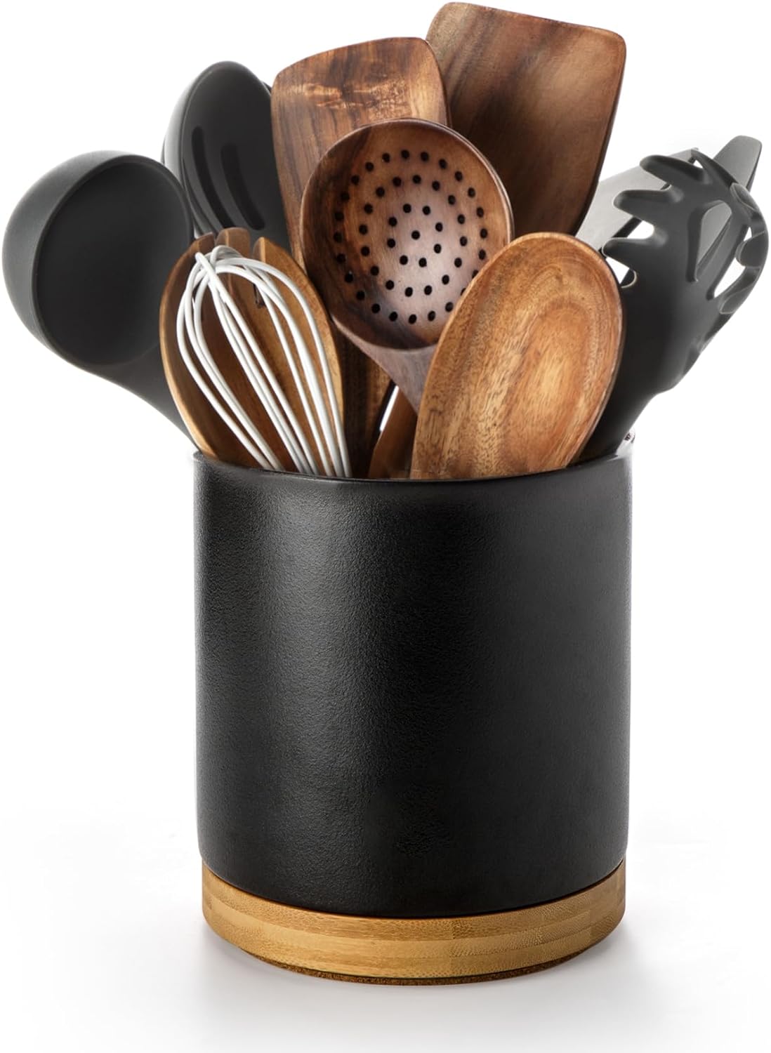 Nucookery 360°Rotating Utensil Holder, 7.2" Kitchen Utensil Crock, Ceramic Cooking Utensil Organizer with Countertop-Protection Cork Bottom for Farmhouse Kitchen Decor Christmas (Stone Black)