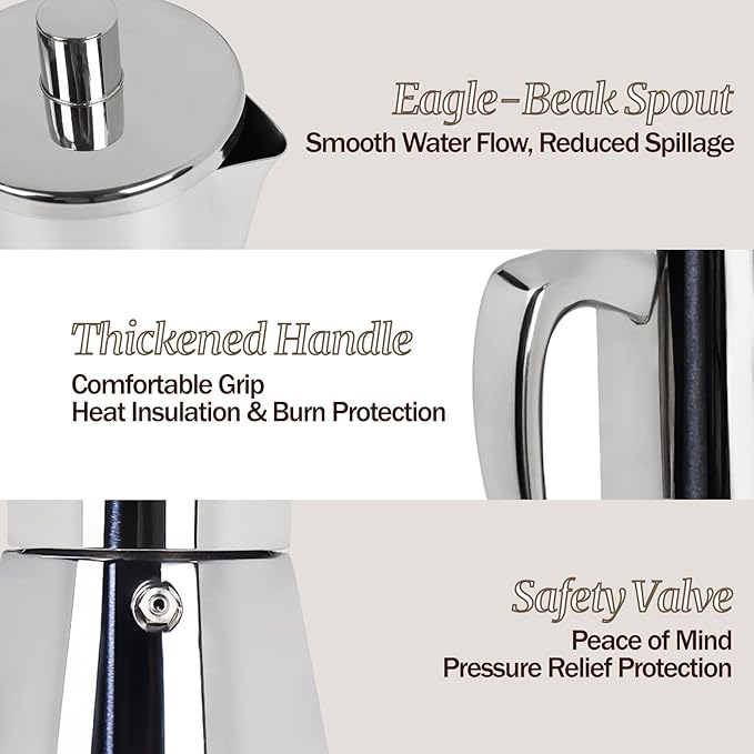 4 Cup Thickened Moka Pot 304 Stainless Steel 200ml Italian Espresso Coffee Maker Stovetop CoffeeMakers Mocha Pot Percolator for Induction Stove Classic Cafe Makers Portable for Easy Brewing