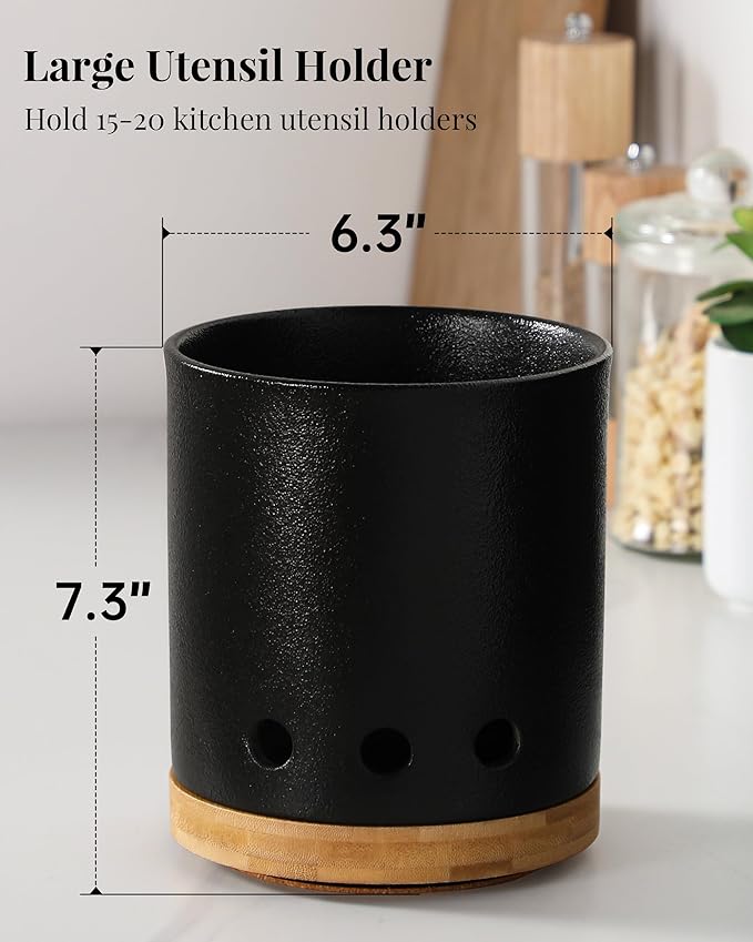 LoeJan 360° Rotating Ceramic Utensil Holder for Kitchen Countertop – Cooking Utensil Crock Organizer with Non-Slip Cork Base for Farmhouse Kitchen Decor, Textured Black