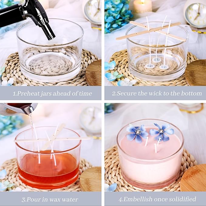 CONNOO 24oz Clear Glass Candle Jars 6 Pack, Multi-Wick Wide Mouth Empty Bulk Candle Containers for Making Candles with Airtight Bamboo Lids, Sticky Warning Labels, Wick kit- Dishwasher Safe