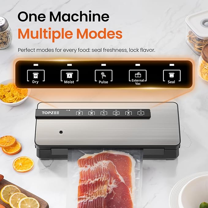 Vacuum Sealer for Food - 90kpa Vacuum Sealer Machine with Bags Storage and Built-in Cutter, Food Sealer with External Vac Function, Dry Moist Modes, Bag Roll included, Stainless Steel